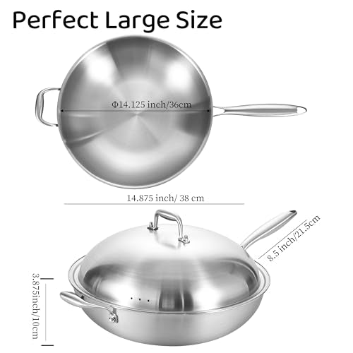 14.5 Inch Stainless Steel Stir-Fry Wok Pan with Steel Lid - Energy Saving, Durable