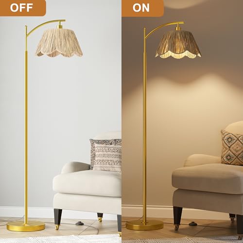Oneach Arc Floor Lamp Brushed Gold Rattan Boho Floor Lamp Decor with Hand-Woven Shade, Foot Switch, 62.5-Inch