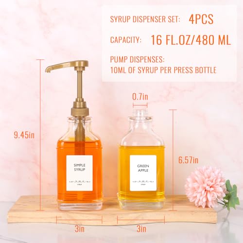Gold Pump 4-Pack 16oz Coffee Syrup Dispenser Set Leak-Proof Glass Bottles