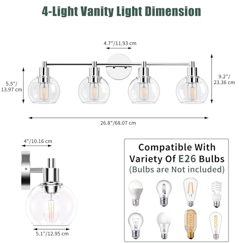 4 Lights Bathroom Vanity Light Fixtures - Chrome Globe Wall Sconce, Industrial Farmhouse Style - Polished Chrome, Over Mirror