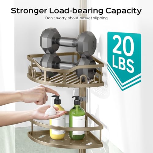 HAMITOR Tan Khaki Corner Tension Shower Caddy No-Drill Bathroom Shelf