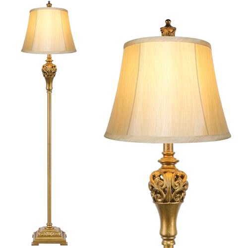 Vintage Floor Lamp with Cream Faux Silk Shade - Tall Standing Brass & Resin Design, 63.8in, Cream & Brass Variation