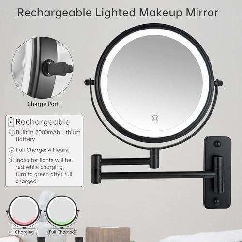 JANEEVA 8" Wall Mounted Lighted Makeup Mirror,Rechargeable Double Sided 1X/10X Magnifying Mirror with 3 Color Lights,Touch Dimmable Bathroom Vanity Mirror with 360¡ÆSwivel Extendable Arm Matte Black