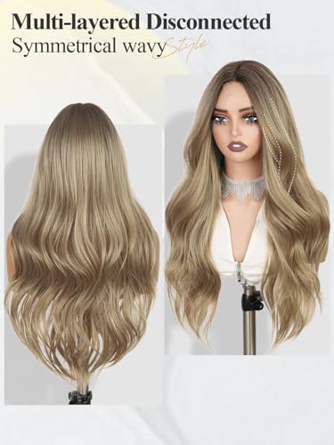 Ombre Blonde Wigs for Women Long Curly Wavy Synthetic Heat-Resistant Hair with Middle Part - Brown Blonde Variation