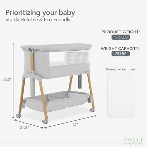 Evolur Lullaby Portable Bassinet with Wheels & Storage - Light Gray