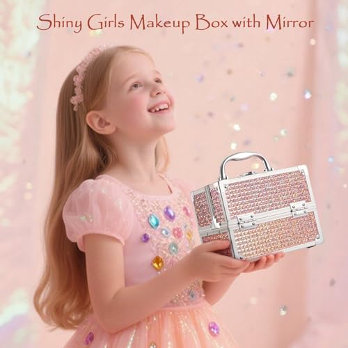 Costravio Glitter Pink Makeup Box with Mirror & Lock - Travel Organizer for Girls Women Kids