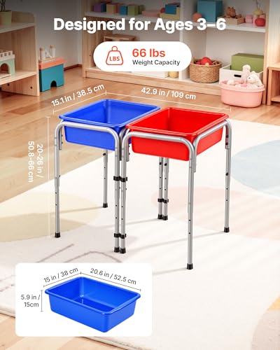 Kids Sensory Play Table with 2 Bins - Adjustable Height, Detachable Storage - 15.1"D x 42.9"W x 26"H, 2-Station Sand & Water Table for Toddlers