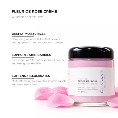 GLISSANT Rose Tallow Cr?me with Lavender | Grass Fed Whipped Beef Tallow Moisturizer for Face & Body | Deep Hydration for Dry Sensitive Skin | Extra Filtered No Beef Scent | 4 oz