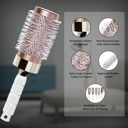 Ceramic Round Blowout & Boar Bristle Hair Brush Set for Styling & Detangling