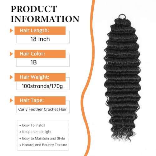 Deep Wave Feather Crochet Hair 1B / 18 Inch - 100 Roots for Braiding, Protective Style
