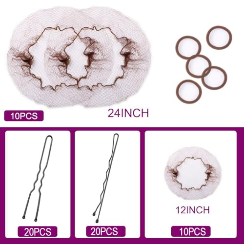 Donut Hair Bun Maker Set - 4 Rings (1 Extra-Large, 1 Large, 1 Medium, 1 Small), 20 Hair Nets(12inch, 24inch), 5 Elastic Bands, 40 Hair Pins, Dark Brown