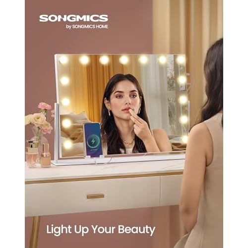 SONGMICS Vanity Makeup Mirror with Lights, Touch Control, 15 LED Bulbs, with Charging Ports, Detachable 10X Magnifying Mirror, 3 Color Temperatures, Dimmable, Phone Holder, Matte White ULWM001W01V1