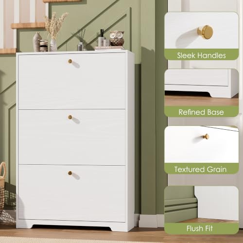 Nicetree White 3-Drawer Narrow Shoe Cabinet | Freestanding Modern Shoe Storage for Entryway