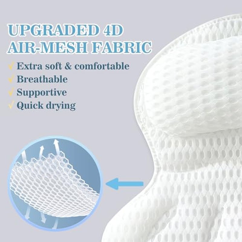 Bath Pillow Luxury Bathtub Pillow - Bath Pillows for Tub Neck and Back Support, Ergonomic Tub Pillow for Bath with 4D Air Mesh + 6 Strong Suction Cups, Great Spa Gifts Bathtub Accessories