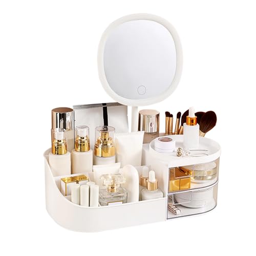 DASITON Makeup Organizer with Rechargeable LED Mirror, 2 Drawers, Large Capacity - White