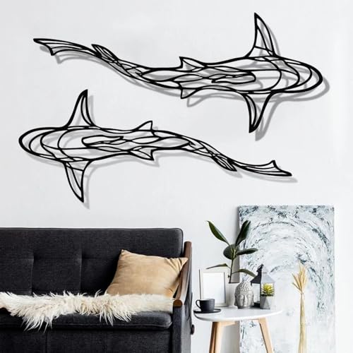 Large 3D Metal Shark Wall Decor Set - Ocean Fish Wall Art, Black, 2 Pieces