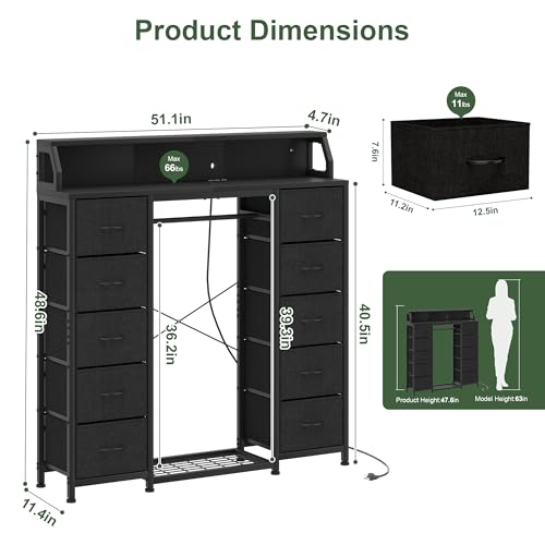 51-Inch Dresser with Hanging Rack and 10 Fabric Drawers - Black, 11.8"D x 51.2"W x 49.1"H