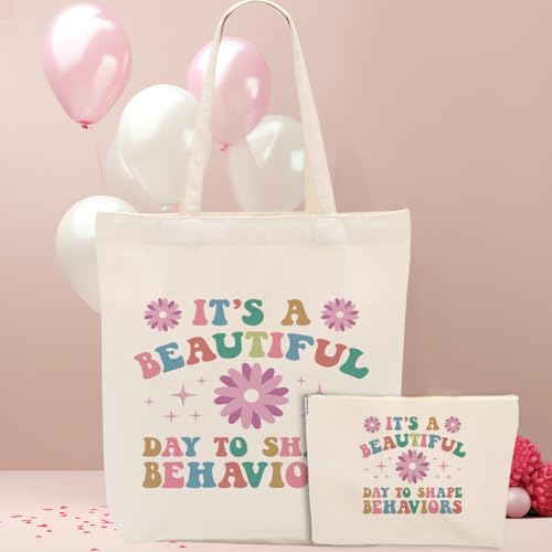 To Shape Behaviors 2pcs Cosmetic Bag Canvas Tote Bag for Women, Beach Grocery Canvas Tote, Behavior Therapist ABA Therapist Appreciation Gift for Friend Nurse Birthday Christmas Mental Health Gifts
