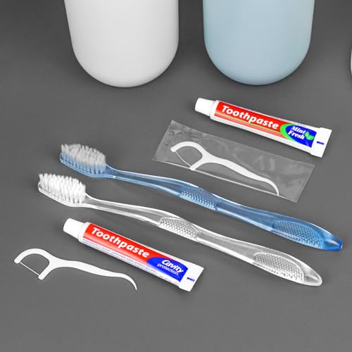 100 Pack Disposable Toothbrushes with Toothpaste and Floss - Individually Wrapped - Multiple Colors
