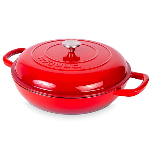 Red 5-Quart Shallow Cast Iron Enamelled Dutch Oven with Lid - Sturdy Ovenproof Cookware