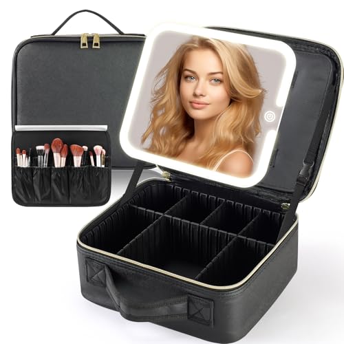Junyaoxuan Large Travel Makeup Bag with LED Lighted Mirror, Removable & Adjustable Compartments, Black