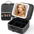Junyaoxuan Large Travel Makeup Bag with LED Lighted Mirror, Removable & Adjustable Compartments, Black