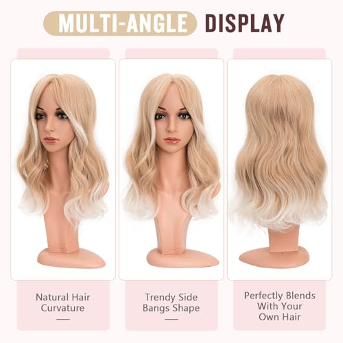 Long Wavy Clip-In Hair Topper with Side Bangs for Women - Synthetic Hairpiece, White Blonde