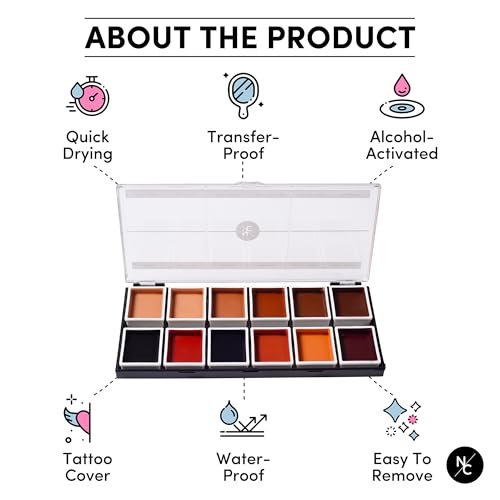 Narrative Cosmetics 12 Color Dark Flesh Tone Alcohol Activated Makeup Palette for Special Effects - Waterproof Dark Flesh Tone Makeup for Professional Makeup Artists