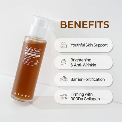 IZEZE BLACK Cumin NSC Bliss Essence 3.38 fl.oz, 100 ml l Black Snail Mucin, Low Molecular Collagen, Hydrating Korean Skincare For Wrinkles, Good Molecules, Nigella Sativa Seed Oil, Thymoquinone