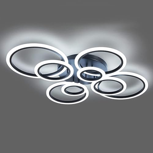 Modern Black Ceiling Light with 8 Rings - Dimmable LED Flush Mount Fixture with Remote