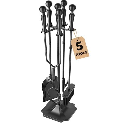 AMAGABELI Fireplace Tools Set 5 Pieces with Pyramid Base Black - 31 Inch Wrought Iron Fireplace Accessories