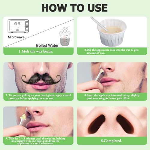 Nose and Ear Hair Waxing Kit - Hair Removal Set for Men and Women with 50g Wax Beads, 20 Applicators (10 times), 10 Paper Cups, and 10 Mustache Guards