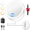 9'' 30X/1X Wall Mounted Lighted Makeup Mirror, 5000mAh Rechargeable Double-Sided Magnifying Mirror with Light, Vanity Mirror Touch Dimmable 3 Colors 360¡Æ Rotation Extended Foldable Arm, Power Adapter