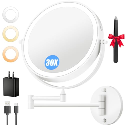 9'' 30X/1X Wall Mounted Lighted Makeup Mirror, 5000mAh Rechargeable Double-Sided Magnifying Mirror with Light, Vanity Mirror Touch Dimmable 3 Colors 360¡Æ Rotation Extended Foldable Arm, Power Adapter