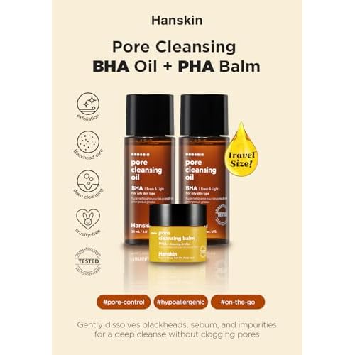 Hanskin BHA Pore Cleansing Oil and PHA Cleansing Balm, Sample Trial Size, Travel Size Mini Makeup Remover Set, Gentle Blackhead Cleanser for Combination and Oily Skin [30 ml/Pack of 2] + [8g/PHA Balm]