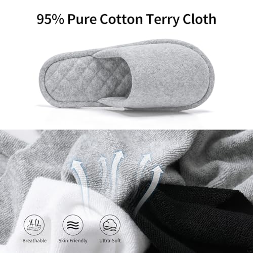 Biroris 3 Pairs Closed-Toe Cotton Terry Indoor Slippers for Women & Men, Black, Gray, White, Foldable & Washable, Travel & Guest Use
