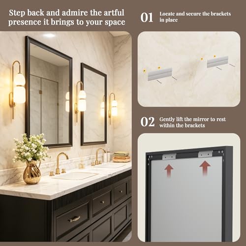 Black Bathroom Mirror 24x36 Inch with 1.5-Inch Gallery Frame - Wall Mount, Rust-Resistant