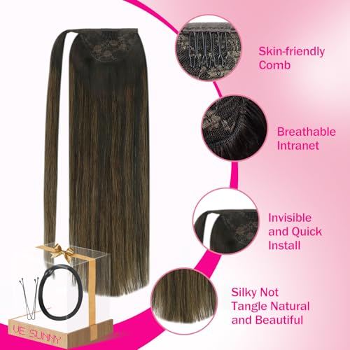 Dark Brown Balayage 16-Inch Human Hair Ponytail Extension - Wrap Around Clip-In for Women - Ve Sunny Variation 1-4 #2/6/2
