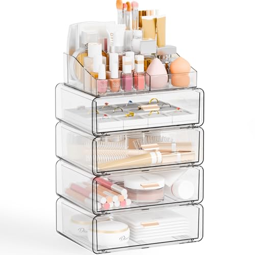 Yieach 4-Drawer Clear Acrylic Makeup Organizer with 5 Tiers for Countertop Storage