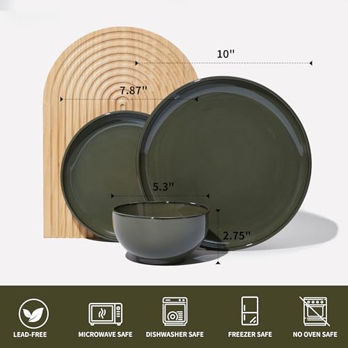 Pokini 12-Piece Stoneware Dinnerware Set for 4, Reactive Glaze, Blackish Green