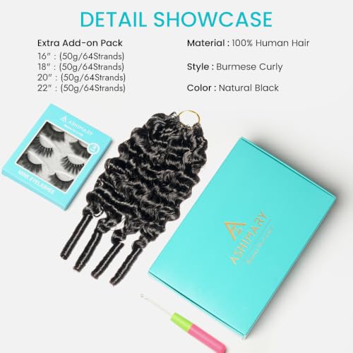 ashimary hair Burmese Curly Crochet Extensions 18in 50g Pre-Looped Knotless Natural Black