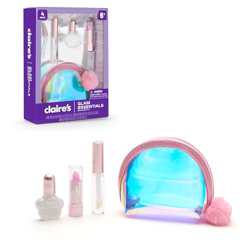 Claire's Glam Essentials Kids Makeup Kit, 4-Piece Real Cosmetic Set with Mini Pouch, Lip Gloss, Lipstick & Nail Polish, Pretend Play Make Up for Kids Ages 6+, Girl Toys & Beauty Activity Gift