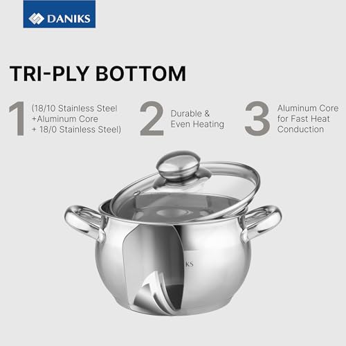 Daniks 6-Piece Stainless Steel Cookware Set with Glass Lids, Tri-Ply Base, Induction Compatible