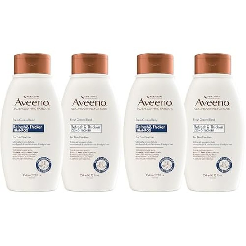 Aveeno Fresh Greens Shampoo and Conditioner Set,Sulfate Free,Clarifying & Volumizing for Thin or Fine Hair,Rosemary Peppermint Cucumber Nourish & Thicken,Color Safe Paraben Free,12 Fl Oz,(Pack of 4)