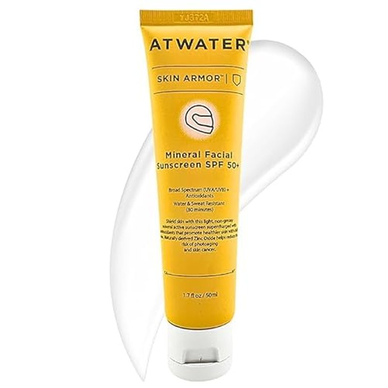 ATWATER Skin Armor Mineral Face Sunscreen SPF 50+, Ultra Light All-in-One Sunblock Moisturizer for Men and Women, Water & Sweat Resistant - 1.7 oz