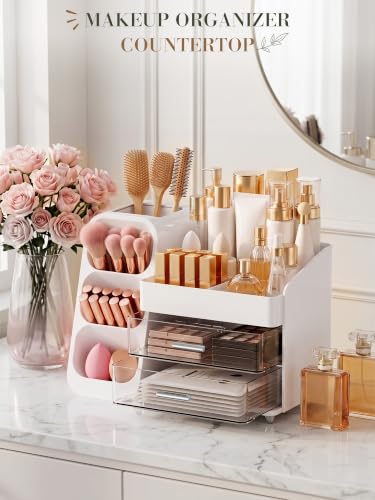 Large White Makeup Organizer for Vanity with 2 Drawers & Brush Holder - Clear Display