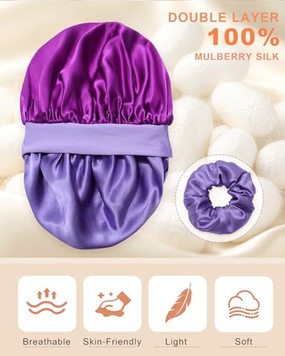 2 Pack Reversible Mulberry Silk Sleep Bonnet for Women - Dark Purple + Light Purple