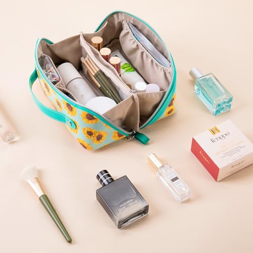 Travel Makeup Bag£¬Large-capacity waterproof cosmetic bag£¬Travel bags and toiletries bags for women£¬PU leather material£¬Multi-zone and large opening design (Sunflower)