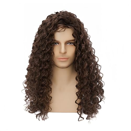 Mens Brown Curly Synthetic Wig - Fluffy Long Halloween Cosplay Hair - Variation Brown-3