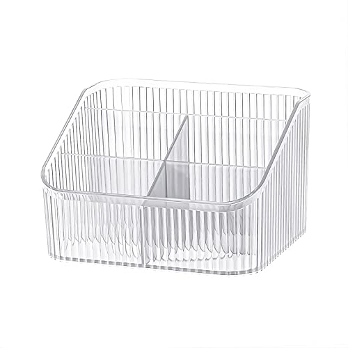 DASITON Large Capacity Makeup Brush Holder,5 Slot Makeup Brush Cup,Vintage striped Make Up Brush Holder,for Vanity Decor,Bathroom Countertops,Desk Storage Container,Cosmetic Display cases(Clear-L)